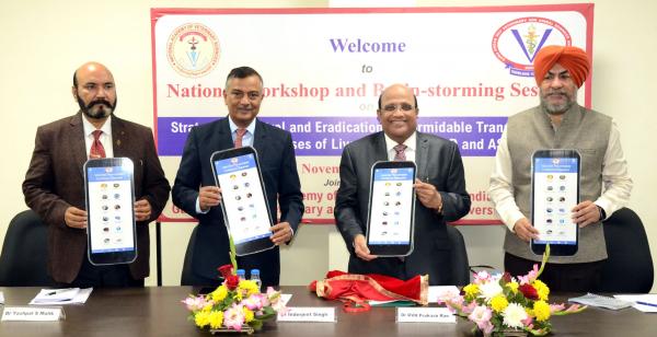 L to R Dr. YPS Malik, Dr. Inderjeet Singh, VC, Dr. DVR Prakasha Rao and Dr. JPS Gill launching mobile app